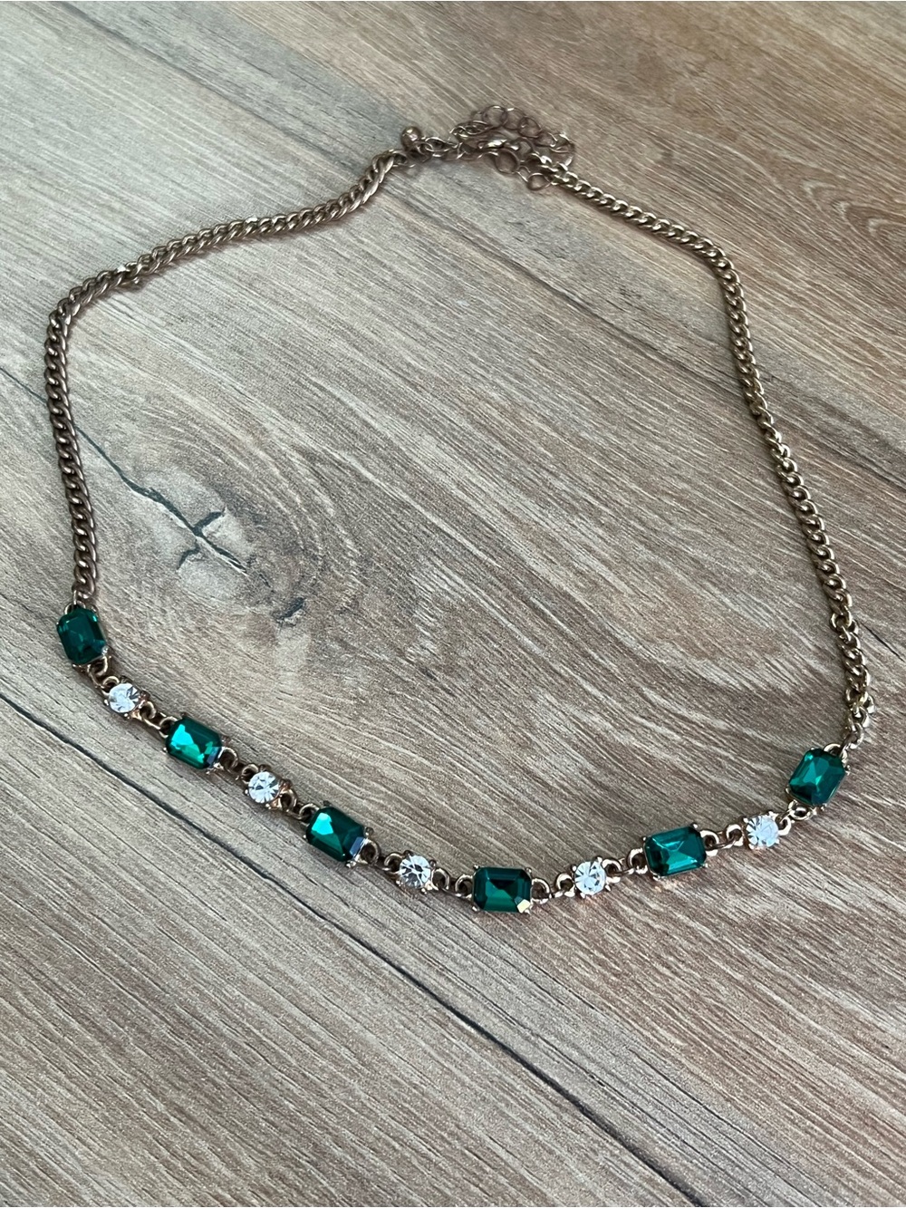 Emerald Green & Clear Rhinestone Gold Tone Statement Necklace